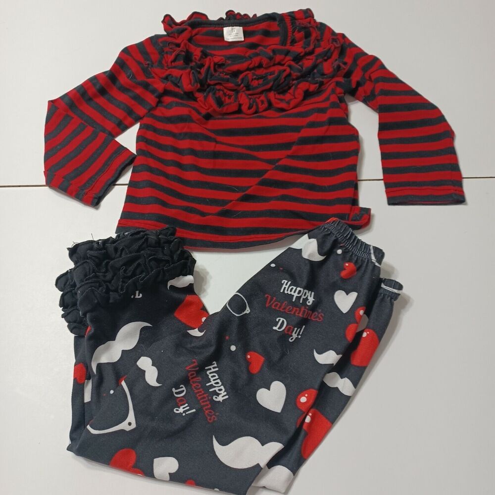 Valentines Outfit Girl 2T Set Red Black Ruffle Stretch Sleeve Terylene Blend 100